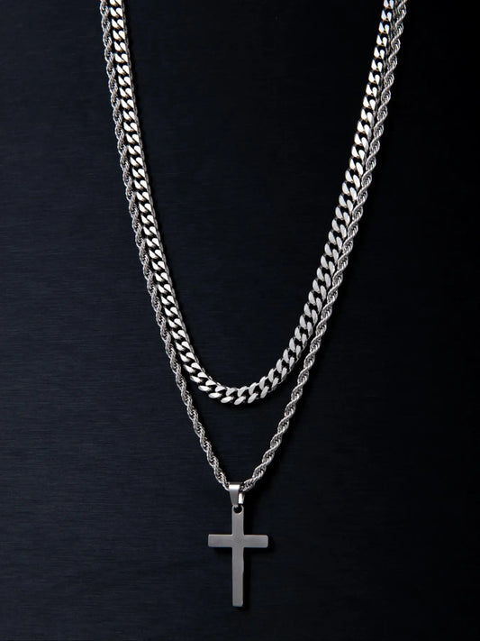 2Pcs Easter Punk Twist Design Cross Decor Pendant Necklace, Chunky Chain Necklace & Chain Necklace with Cross Pendant, Fashion Stainless Steel Jewelry for Men as Gift