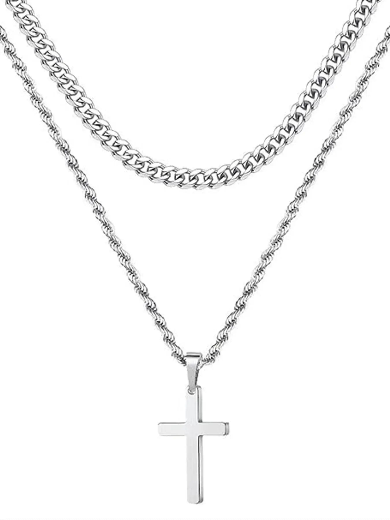 2Pcs Easter Punk Twist Design Cross Decor Pendant Necklace, Chunky Chain Necklace & Chain Necklace with Cross Pendant, Fashion Stainless Steel Jewelry for Men as Gift
